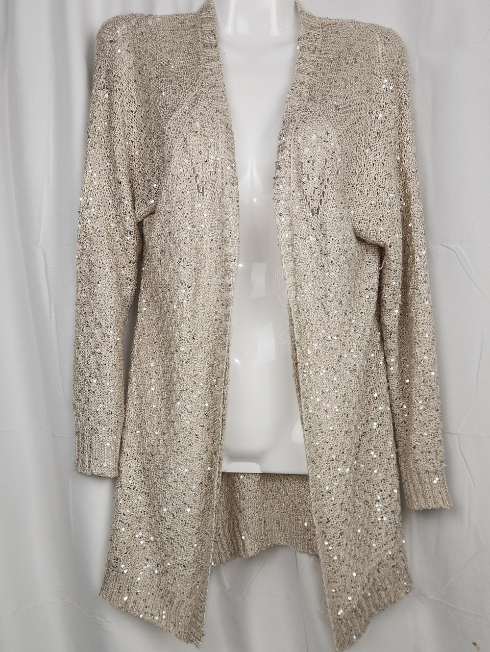 Belldini Cream Sequin Open-Front Cardigan